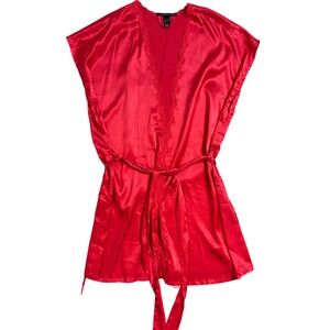 Victoria's Secret Kimono Robe Red Lace Trim Satin Sleepwear Large